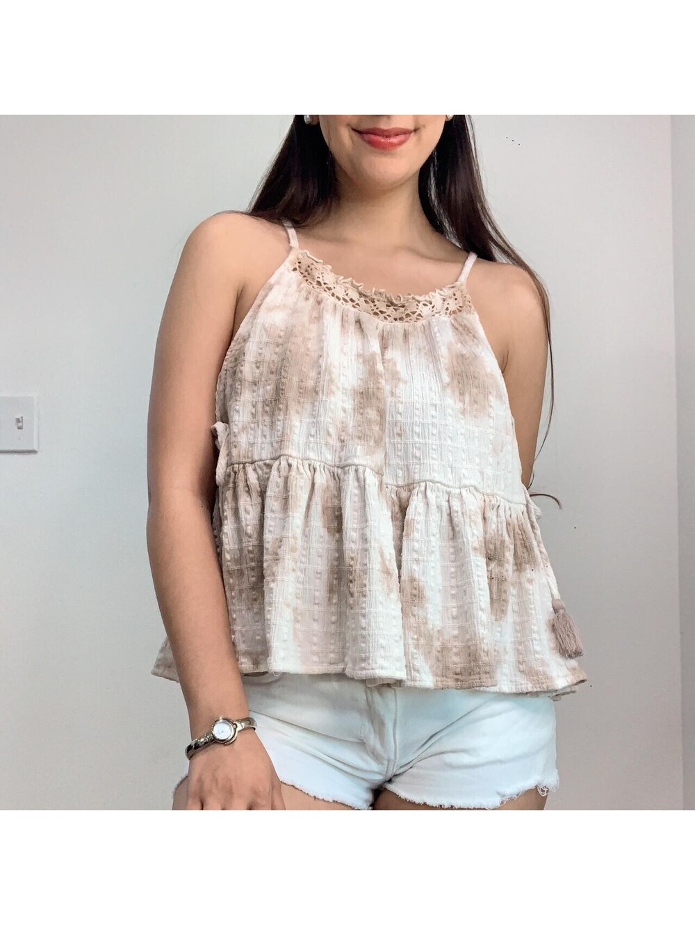 Aerie Size S Linen Cotton Tie-Dye Sleeveless Top Boho Peasant Tassels Babydoll